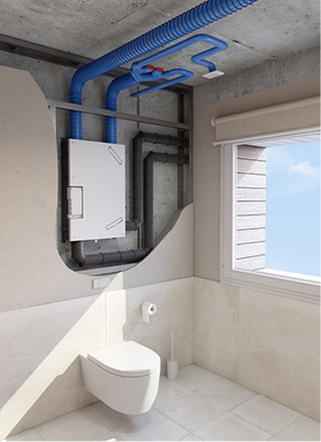 



Neues Bad im Geschosswohnungsbau: Statt einem Wandversprung oberhalb der Vorwandinstallation kann die Lüftungsanlage Platz finden.
