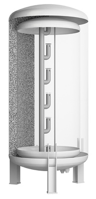 
Schematischer Aufbau des VWD-Speichers von Hummelsberger: Klar zu erkennen ist die Tank-in-Tank-Situation und der Ringspalt, der mit Perlit gefüllt und evakuiert ist. Die Vakuum-Speicher erreichen die Energieeffizienzklasse A++.



