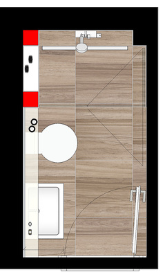 
Der Grundriss verdeutlicht, wie genau das Waschbecken passen musste, damit die Tür noch aufgeht. Rot dargestellt sind die beiden neuen Pfeiler als Ergänzung zu dem vorhandenen Abwasserschacht im Duschbereich.
