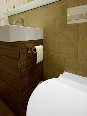 
Der Klopapierhalter findet seinen Platz am Waschtischmöbel, vom Eingang her nicht zu sehen.
