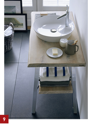 
Konsole und Ablage des Badmöbels Cape Cod sind aus Massivholz. Kontrast dazu: Beine aus Chrom und eine filigrane Waschschale.
