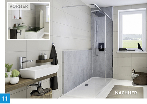 
Vorwandsystem RenoConcept von HSK: Das System wurde für die Teilsanierung im Badezimmer entwickelt, setzt sich aus individuell anpassbaren Wandmodulen, Anschlussprofilen und Verkleidungsplatten mit modernen Dekorvarianten zusammen. Es ermöglicht nach Herstellerangaben eine schnelle und saubere Teil-Renovierung bzw. Modernisierung einzelner Funktionsbereiche – ohne Fliesenarbeiten. Soll eine hohe Duschtasse oder Badewanne durch einen barrierefreien Duschbereich ersetzt werden, deckt RenoConcept die alte bzw. fehlende Verfliesung fugenlos und dauerhaft ab. Die Bautätigkeit verkürzt sich.
