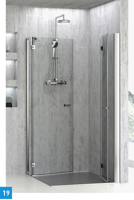 
Duschabtrennung derby von Vigour: Die Designlinie umfasst Schiebe-, Pendel-, Faltpendel- und Schwenktürlösungen, darunter die derby DTPTEL/DFPTER Eckkabine – eine Kombination aus Pendel- und Pendel-Falttür in teilgerahmter Ausführung. Die 180°-Öffnung bietet großen Einstiegskomfort. Das Fixteil der Schwenktür schafft auf der Innenseite Raum, beispielsweise für die Installation von Armaturen. Die Türseiten sind nach dem Duschen nach innen schwenkbar. Die Scharniere besitzen eine Schließunterstützung. Die Bauhöhe ist mit 2000 mm großzügig ausgelegt.

