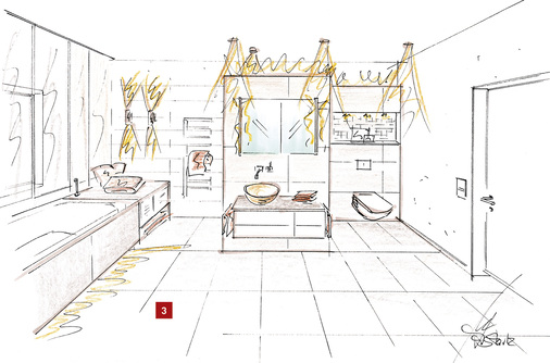 
Die Trockenbauwand ist mit den Metallfliesen des Bodens belegt und strukturiert den Raum.
