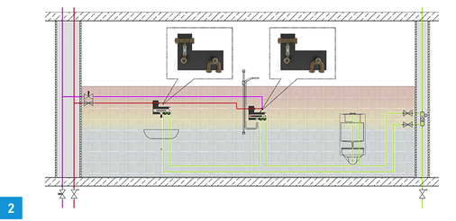 
Thermische Trennung von sowohl wärmeführenden Leitungen und Kaltwasserleitung als auch an Wandarmaturen.
