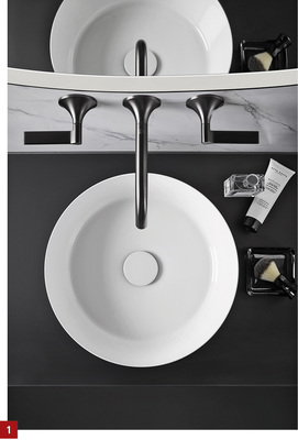 

1 Scopio vereint zwei Geometrien: Einen Kreis als Beckenmulde und eine konische, teleskopartige Außenform.

