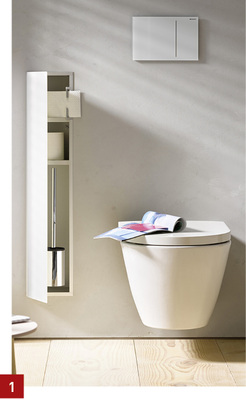 
1 Das Raumsystem Asis beinhaltet ein höhenreduziertes WC-Modul in klassischer Ausführung sowie eine Variante mit durchgehender, rahmenloser Glasoberfläche.
