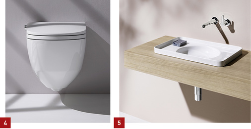 <p>
4 Mit Cleanet Riva hat Laufen ein neues Dusch-WC vorgestellt.
</p>

<p>
5 Um die Einsatzmöglichkeiten von Boutique flexibler zu gestalten wurden 80 und 120 mm dicke Waschtischplatten ins Sortiment gehoben.
</p>