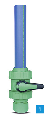 
1 Aquatherm-Bauteileinheit bestehend aus Kugelhahn, Rohr und Aufschweißsattel.
