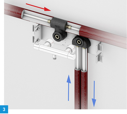 <p>
3 Die Tece Hygienebox als Montageeinheit mit Doppelwandscheibe für Kaltwasser auf einer Montagetraverse ermöglicht eine schnelle und für die Trinkwasserhygiene optimale Installation.
</p>