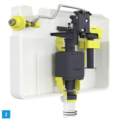 
2 Die Viega Unterputz-Spülkästen 2H, 2C und 2S der Bauhöhe 1130 mm sind künftig serienmäßig mit einer Spülstromdrossel im Ablaufventilsitz ausgestattet.
