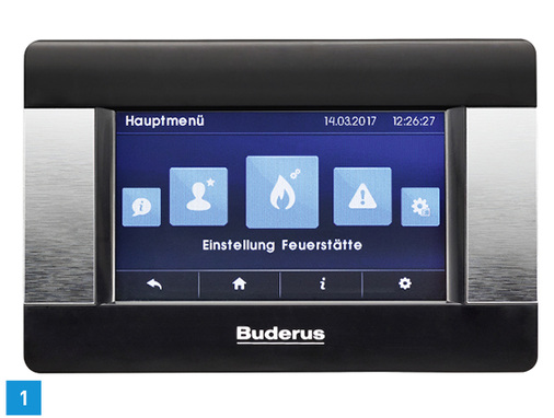 
1 Die digitale Abbrand-Regelung Logamatic TCA200 für Kaminöfen und Heizeinsätze mit Touch-Farbdisplay steuert die Verbrennungsluftzufuhr im Feuerraum automatisch.



