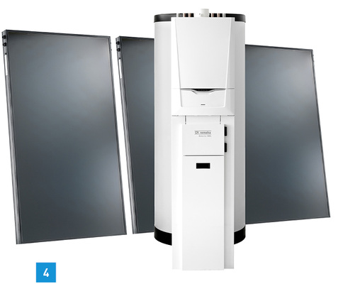 
4 Calenta Ace als Hybridsystem mit 390-l-Speicher und speziellem Kupfer-Glattrohrwärmetauscher sowie Solartechnik auf dem Dach. 



