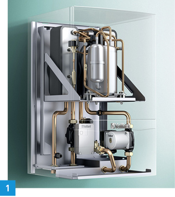 <p>
</p>

<p>
1 Die monoenergetische Wärmepumpe geoTherm wird wie ein Gas-Brennwertgerät an der Wand installiert. 
</p> - © Vaillant

