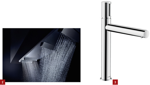 <p>
2 Axor: Der ShowerHeaven ist ein 1,2 m langes und 30 cm breites Design-Duschobjekt aus Metall. 
</p>

<p>
3 Axor: Die Kollektion Uno zeigt Armaturen aus im rechten Winkel zusammengesteckten Zylindern.
</p>