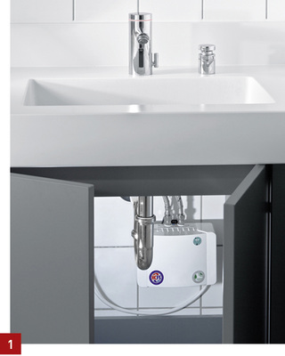 
1 Conti+: Die berührungslose Armatur lumino+ zeigt die aktuelle Mischtemperatur des Wassers mit einem Leuchtring an.
