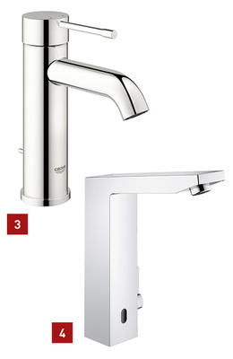 <p>
3 Grohe: Die sensorgesteuerte Infrarot-Armatur Essence E verfügt über einen schwenkbaren Auslauf. 
</p>

<p>
4 Grohe: Die geometrisch gestaltete Eurocube E folgt strikt einem kubischen Designprinzip.
</p>