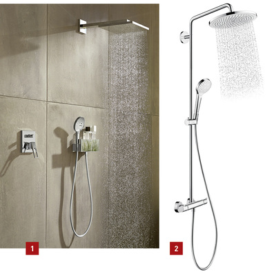 
1 Hansgrohe: Kopfbrausen und Showerpipes für das Raindance-E-Programm. 



2 Hansgrohe: Die Kopfbrause Croma 280 hat eine Strahlscheibe mit 280 mm Durchmesser.
