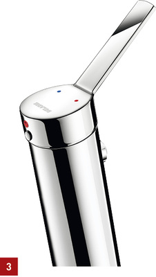 
3 Kuhfuss: Die neue Armatur 2620EP ist mit einer Begrenzung der Maximaltemperatur sowie einer Kartusche mit Druckausgleichsfunktion ausgestattet. 
