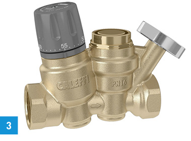 
3 Das Zirkulationsventil der Serie 116 von Caleffi vereint den automatischen Abgleich und eine thermostatisch-thermische Desinfektionsfunktion für Warmwasseranlagen in einer Regelarmatur.
