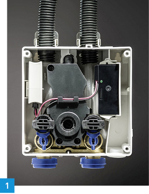 
1 Mit Ausnahme des Infrarotsensors sind sämtliche Funktionsteile wie Steuerung, Mischer, Ventile sowie Energieversorgung im neuen Geberit-Armaturensystem integriert.
