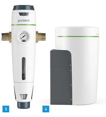 
3 Vormontierte Filterkomponenten reduzieren den Zeitaufwand für die Installation bei der neuen Filterbaureihe pureliQ von Grünbeck Wasseraufbereitung.



4 Die Weichwasseranlage softliQ:MC38 von Grünbeck passt sich dem individuellen Wasserverbrauch an. Ein grüner LED-Leuchtring dient als optische Betriebsanzeige.
