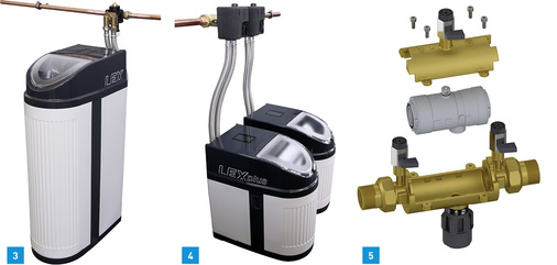 
3 Die Enthärtungsanlagen LEX 1500 Connect von Syr sind für die unterschiedlichsten Einsatzbereiche konzipiert.



4 Neu: der Doppel-Anschlussflansch für die Enthärtungsanlage. Daran lassen sich zwei handelsübliche Syr LEX Plus 10 Connect-Geräte andocken.



5 Neu im Sortiment von Syr: der Systemtrenner BA 6610 in-line LF mit innovativer Patronentechnik, wodurch die jährliche Wartung zum Kinderspiel wird.
