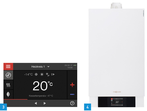 
3 Die Viessmann Gas-Brennwert-Wand- und -Kompaktgeräte der Vitodens-300er-Reihe verfügen über eine Bedienoberfläche für die Bedienung per Fingertipp und Wischbewegung.



4 Auf Wunsch können Gas-Brennwertgeräte wie das Vitodens 300-W über die optionale Internet-Schnittstelle Vitoconnect per ViCare App bedient werden.
