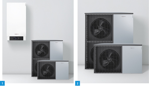 
1 Luft/Wasser-Monoblock-Wärmepumpe Vitocal 200-A von Viessmann.



2 Mit den Außeneinheiten von Viessmann ist der Betrieb von Luft/Wasser-Wärmepumpen auch in dicht bebauten Wohngebieten möglich.
