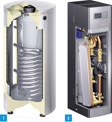 
1 Mit Vitocell 300-V und Vitocell 300-B führt Viessmann eine Baureihe mono- und bivalenter Speicher-Wassererwärmer aus Edelstahl in den Markt ein.



2 Von der Frischwasserstation Vitotrans 353 sind fünf unterschiedliche Typen verfügbar, mit Zapfleistungen von 25 bis 68 l pro Minute.
