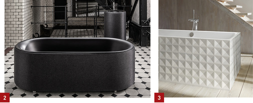 
2 Bette: Oval Couture ist eine Badewanne, mit gewebtem Stoff bezogen.



3 Bette: Bei Loft Ornament ist die Schürze dekorativ-kunstvoll geprägt. 
