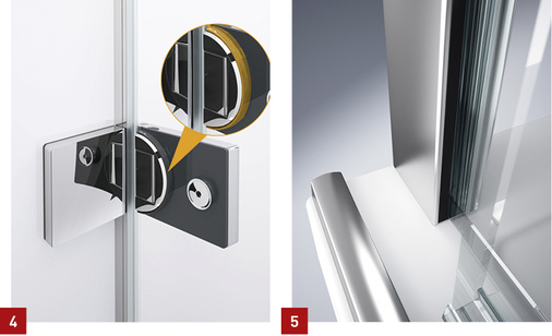 
4 Hüppe: Ein versteckter Mechanismus hebt die Türen beim Öffnen an und senkt sie beim Schließen. 



5 Hüppe: Die Walk-in-Glasduschabtrennung Xtensa pure gibt es jetzt auch als SlimLine.
