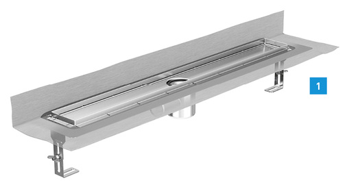 
1 Die neue Edelstahl-Duschrinne ACO ShowerDrain E+, hier mit Wandaufkantung und Anschluss DN 50.

