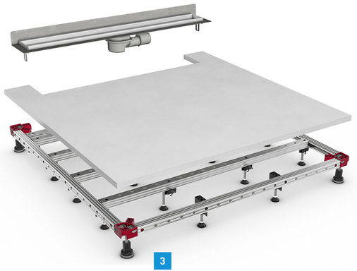 
3 Die Höhenverstellung von ACO ShowerFloor erfolgt nur über die Eckverbinder, die anderen Standfüße verfügen über eine Schnelleinstellung.
