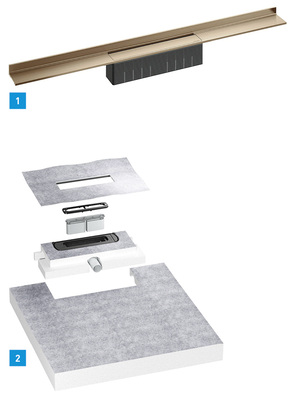 
1 Dallmer liefert seine Design-Duschrinnen für bodengleiche Duschen nun auch in den Farben Rotgold, Anthrazit und Messing.



2 Flexibel und einfach im Einbau: der Aufbau des neuen Dallmer-Duschelements DallFlex.
