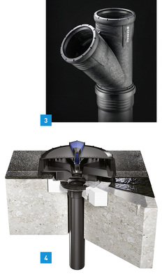 
3 Mit Silent-Pro präsentiert Geberit ein Entwässerungssystem, das sich einfach stecken lässt und dabei alle relevanten Schall- und Brandschutzanforderungen erfüllt.



4 Geberit hat das Produktportfolio des Dachentwässerungssystems Pluvia vereinheitlicht und die Montage vereinfacht.
