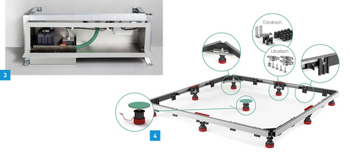 
3 Wand-Duschrinne Terso-Wall Power von Mepa mit integrierter Abwasserpumpe, die für Reinigungszwecke herausgenommen werden kann.



4 Der optimierte Mepa-Montagerahmen SF Universal mit EasyLift-Wannenfuß, Ecktraverse und den als Zubehör angebotenen Erweiterungssets Ultraflach und Extrahoch.
