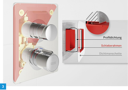 
3 Der neue Schiebe-Klebeflansch für die Franke-Systembox sorgt für die sichere Bauwerksabdichtung, wie hier bei der Duscharmatur F5S-Therm.
