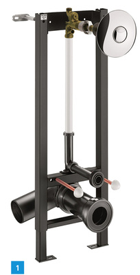 
1 Tempofix 3 zur Wandbefestigung von Kuhfuss Delabie, ausgestattet mit Tempoflux 2 für dicke Wandstärken.
