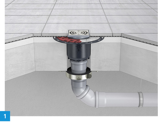 
1 Die Brandschutzmanschetten FireStop von Tece in den Größen DN 90 und DN 110 werden nicht in die Deckenkonstruktion eingebracht, sondern von unten an die Decke geschraubt.
