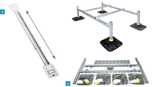 
3 Montageschiene Britclips RSWB für leichte Rohr- und Elektroinstallationen von Walraven.



4 Die vormontierte Rahmenkonstruktion BIS Yeti 335 von Walraven dient zur Montage von Außeneinheiten für Klima- und Wärmepumpenanlagen auf Flachdächern.
