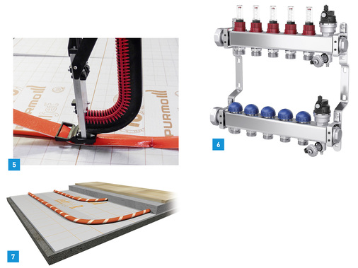 
5 Die Isolation von Rohren bei Fußbodenheizungen nach dem Tackersystem erfolgt mit Purmo dämmjet mit den gleichen Werkzeugen.



6 Der Premium-Verteiler von Purmo vereinfacht dem Installateur nicht nur bei Montage und Inbetriebnahme die Arbeit, er bietet auch bei der Wartung Vorteile.



7 Mit dem Renovierungssystem klettjet R von Purmo reichen 5 bis 20 mm Rohrüberdeckung durch den Estrich aus.
