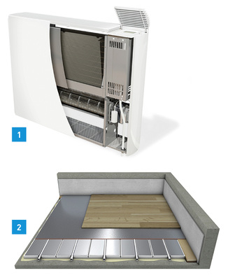 <p>
1 Ein Radialventilator sorgt bei Bedarf für hohe Leistungen und im stationären Betrieb für einen besonders ruhigen Betrieb. 
</p>

<p>
2 Da die Fußbodenheizung ts14 R von Purmo ohne Trockenestrichplatten auskommt, ergeben sich Aufbauhöhen ab knapp 35 mm. Hier ist ein Bodenaufbau mit Parkett, Trittschalldämmbahn und Feuchtigkeitssperre dargestellt.
</p>