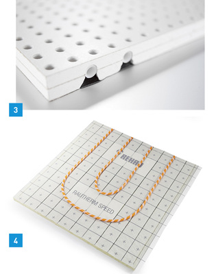 
3 Die Akustikkühldecke von Rehau übernimmt die funktionale Aufgabe der Raumtemperierung und beeinflusst gleichzeitig die Raumakustik positiv.



4 Die Systemplatten Rautherm Speed silent von Rehau vereinen die Vorteile der Kletttechnologie mit den Materialeigenschaften von Mineralwolle. 

