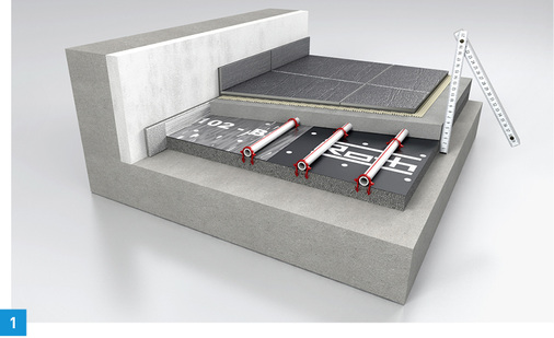 
Roth bietet ein Tacker-System mit dünnschichtigem Estrich und QE-Statikmatte. Die niedrigste Variante kommt mit einer Rohrüberdeckung von 13 mm aus.
