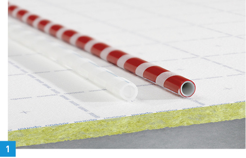 
1 Die Verlegeplatte Klett Silent von Uponor bietet Wärme- und Trittschallschutz bei einer reduzierten Rohrüberdeckung der Fußbodenheizung.
