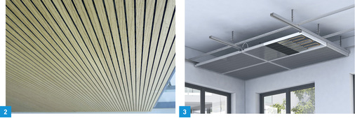 
2 Die fugenlose Heiz- und Kühldecke mit Echtholzfurnier ermöglicht eine flexible Raumgestaltung sowie komplexe Raumgeometrien.



3 Das Streckmetall-Deckensystem erfüllt mit drei verschiedenen Heiz- und Kühlelementen verschiedenste Anforderungen.
