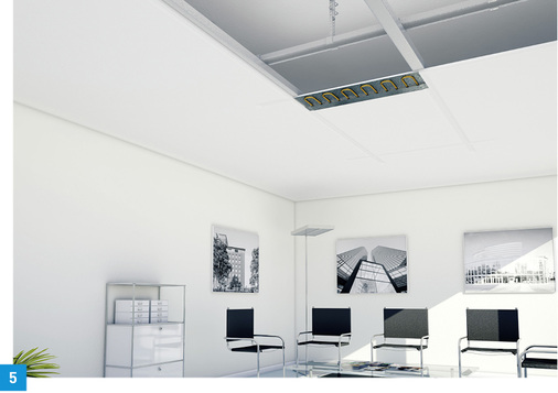 
5 Für Bereiche mit sehr hohen thermischen Lasten und besonderen architektonischen Ansprüchen eignet sich das Deckensystem Varicool Carbon S.
