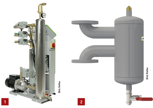 <p>
1 Der Servimat von Reflex bündelt die pumpengesteuerte Druckhaltung der Vakuum-Sprührohrentgasung.
</p>

<p>
2 Mit dem Reflex Exdirt V kann die Abscheidetechnologie auch in einer vertikalen Leitung ab DN 50 zum Einsatz kommen.
</p>