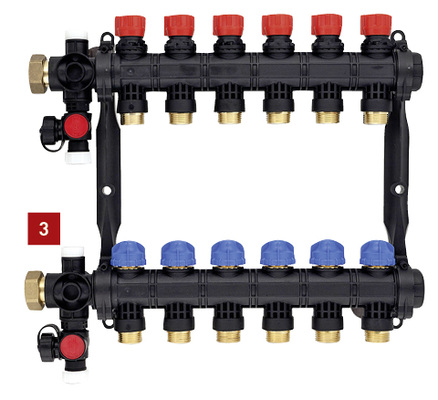 
3 Der wartungsfreie Heizkreisverteiler Thermaset mit automatischem hydraulischen Abgleich gleicht Druckschwankungen im Rohrnetz aus.



